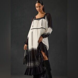 Anthropologie Long Sleeve Embroidered Sheer Maxi Dress in small petite